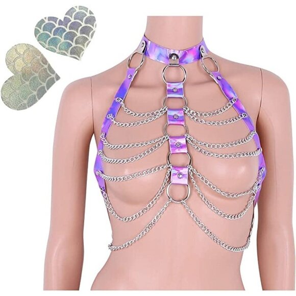 PURPLE Hologram Body Chest Harness Cage Bra Choker Chain Costume Pasties Festiva - Picture 6 of 8